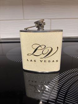 Cheaper than going to Vegas - 6 oz Las Vegas Hip Flask, Off White/Silver Glitter Metal Rectangle w/ Screw Cap