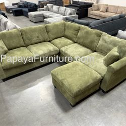 New! Plush Sage Green Sectional, Sectional And Storage Ottoman, Sectionals, Sofa, Couch, Beige Couch, green Couch, Corduroy Sectional, Plush Sofa 