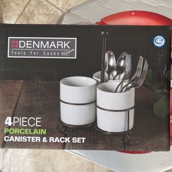 Denmark  Tools For Cooks, Four Piece, Porcelain Canister And Rack Set