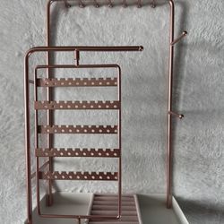 Jewelry Stand Holder Organizer (Rose Gold), Jewelry Display Storage with Ring Tray, No-Assembly Needed, Rotating
