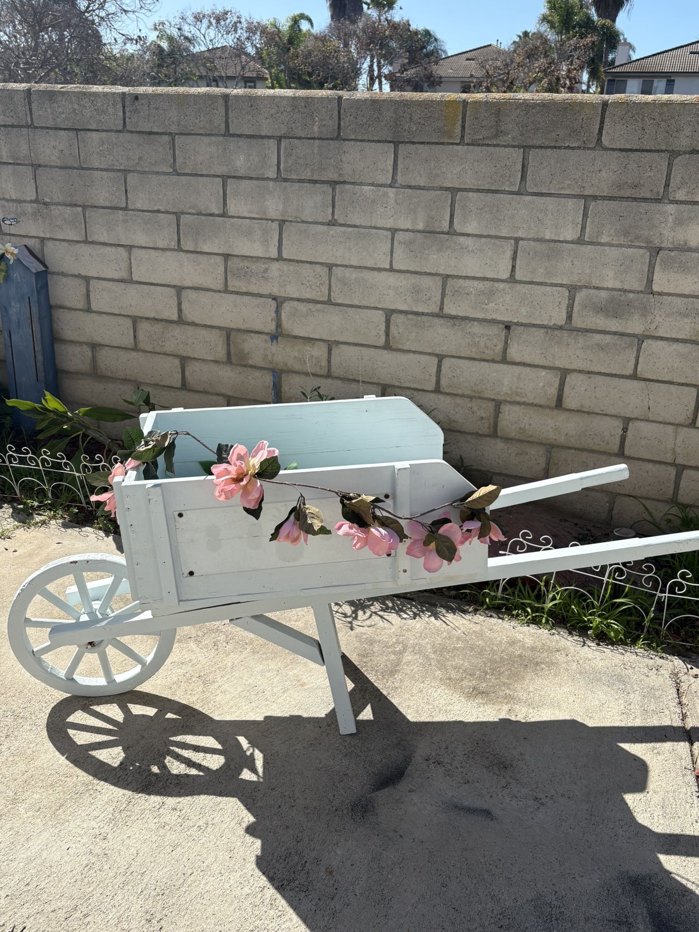 *Vintage White Wooden Garden Wheelbarrow.* 29”. By 63”