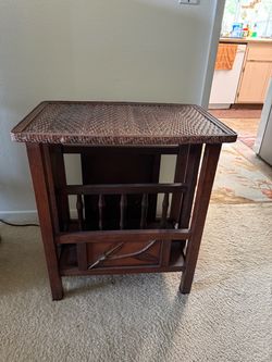 Rattan Top Wood Side Table with Shelves