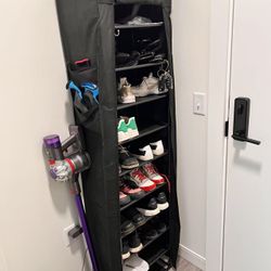 10-Tier Covered Shoe Rack with Side Pockets – Black Fabric