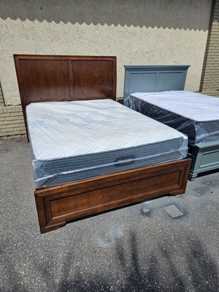 Brown Cherry Queen Size Belcourt Bed Frame With Brand New Queen Size Plush Beautyrest Mattress And Box Spring In Plastic 