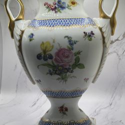 Andrea By Sadek Tall Vase Flower Motive Golden Swan Handles 