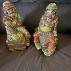 1972 Progressive Art Products Chalk Clowns Bookends Happy / Sad Heavy