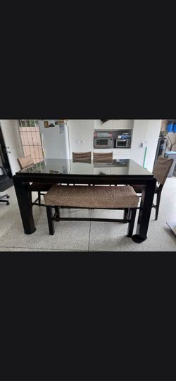 Solid Wood 6-Piece Dining Set - Glass Top Table, 4 Chairs & Bench