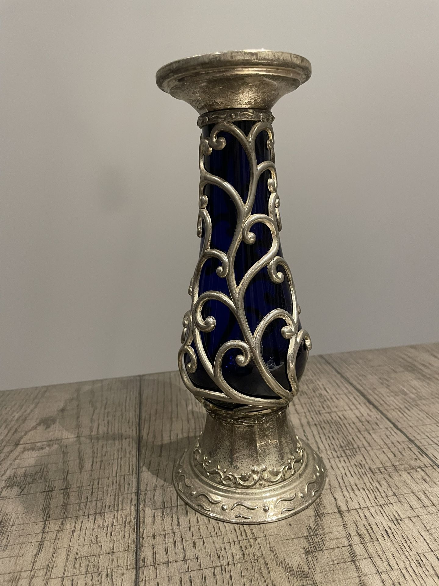Cobalt Blue Glass & Metal Candle Holder