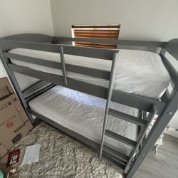 Gray Wooden Bunk Bed – Sturdy Twin/Twin Frame
