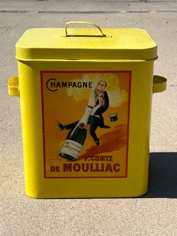 Retro vintage kitchen storage tin metal box of Champagne and waiter vintage fun