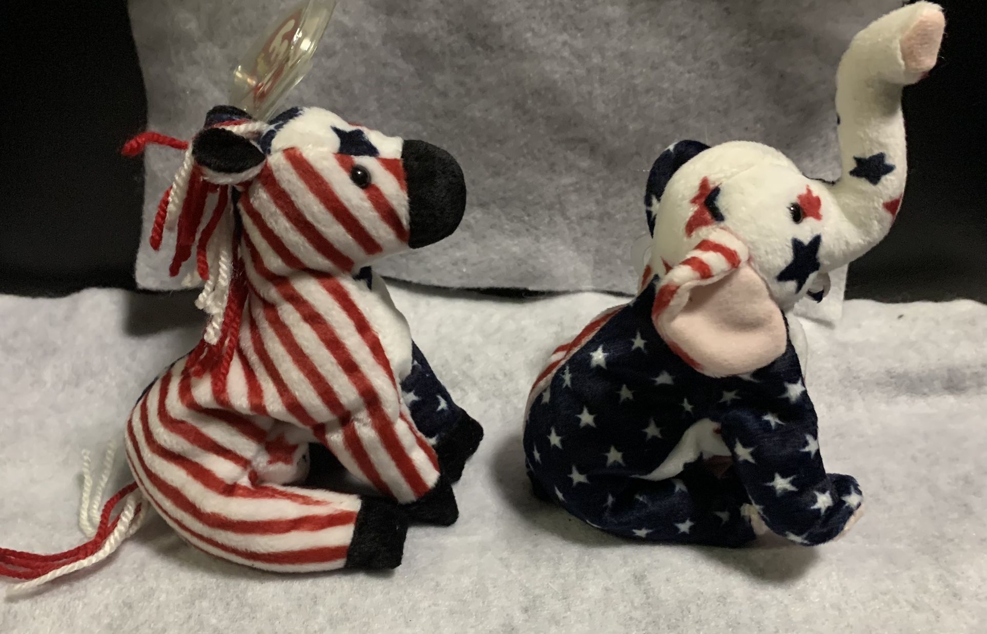 New vintage 2000 Ty Beanie Babies patriotic 4th of July Lefty donkey & Righty elephant Political Party