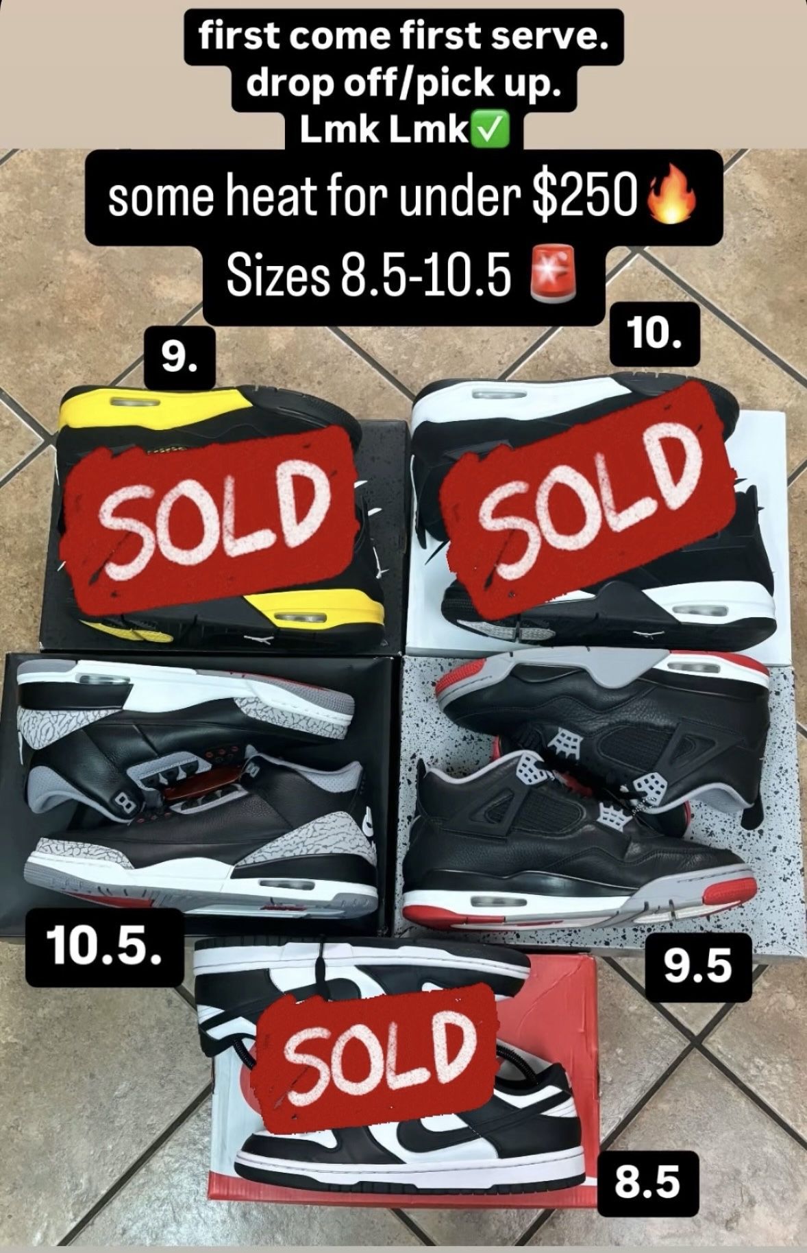 Jordan 4 bred reimagined size 9.5. VNDS.  Jordan 3 black cement size 10.5. BRAND NEW. OG ALL. DROP OFF / PICK UP. OFF