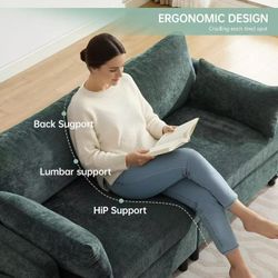 68.9-inch double sofa, two-seat chenille sofa, with LED lights/USB charging, green68.9” Loveseat Sofa Couch, Modern Comfy 2 Seat Chenille Couches, Spr