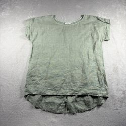 Terzo Millennio Women's L Green Short Sleeve Shirt Back Buttons Linen Italy#325