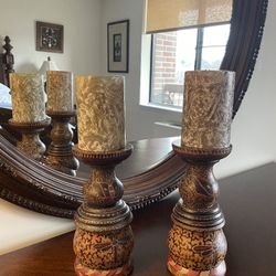 Pair Of African Wooden Candle Holders 