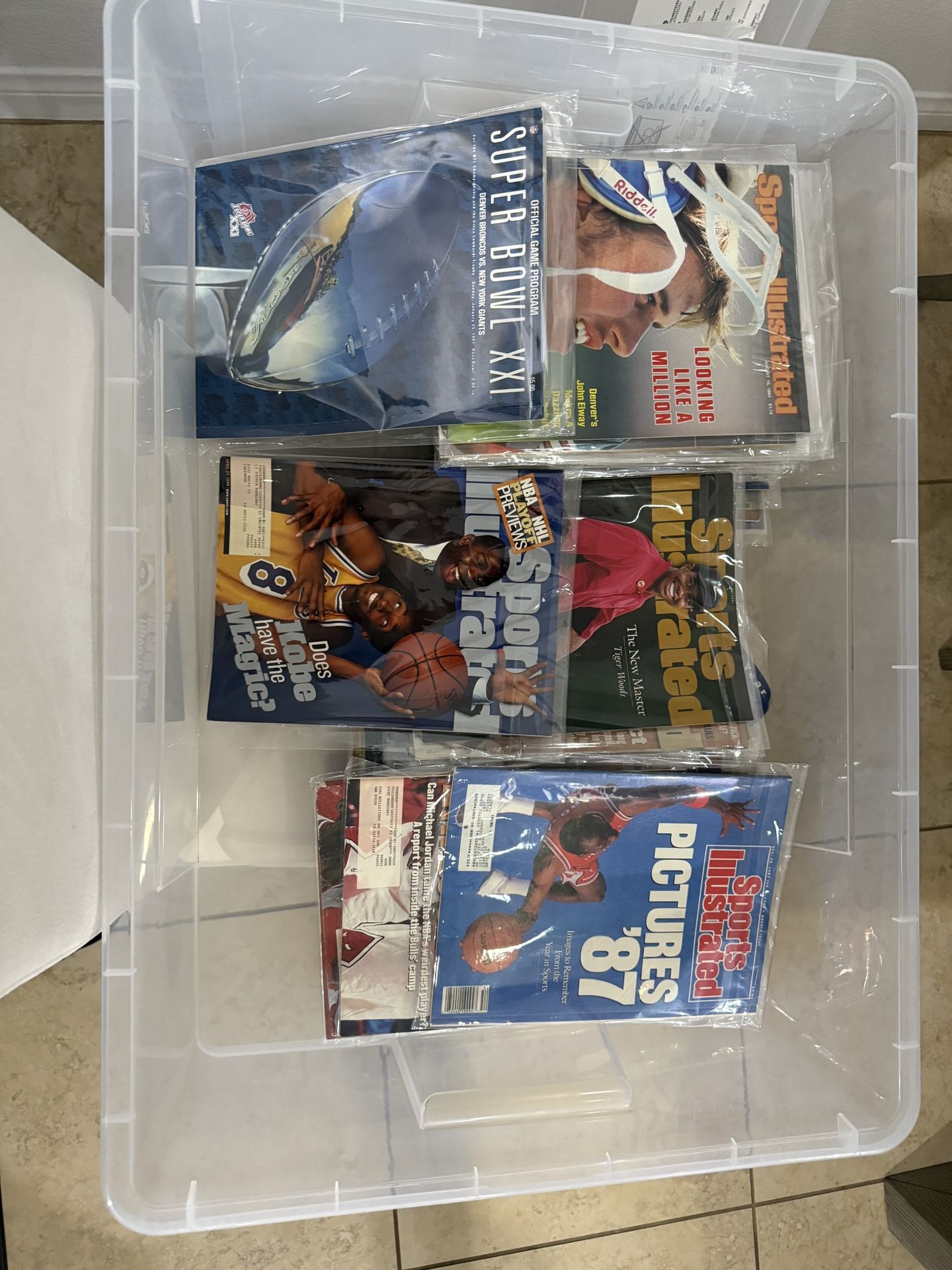 Tub Of Sports Illustrated Magazines. Jordan, Kobe, Tiger Etc. & Super Bowl Program