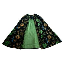 60’s Carpet Tapestry Cape Coat Jacket Retro Boho Floral Green Lining Mod Sz Medium