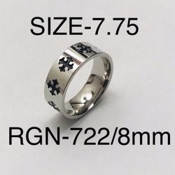 Stainless Steel Silver Cross Carved Ring Band: Size-7.75/RGN-722