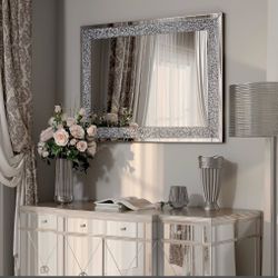 MUAUSU Crystal Crushed Diamond Wall Mirror - 27.5"*39.4" Luxury Rectangular Decorative