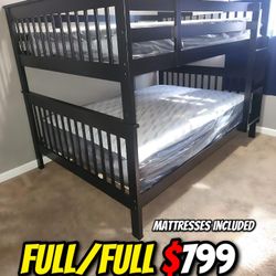 Full/Full Black Wooden Bunk Bed W. Orthopedic Mattress Included 