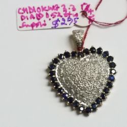 10k White Gold Diamond & Sapphire Heart Shaped Pendant 