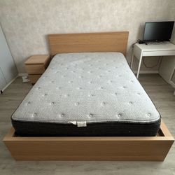 Good condition IKEA queen size bed frame + mattress + nightstand 