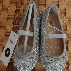 New toddler girl size 8 silver glitter dress flats holiday Easter everyday