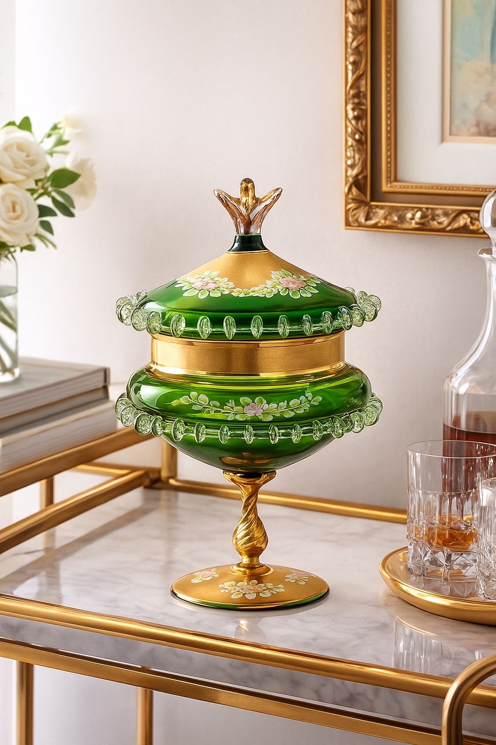 Italian 1960s Murano Style Empoli Art Glass Hand-Painted Green Compote, 6x11.5”