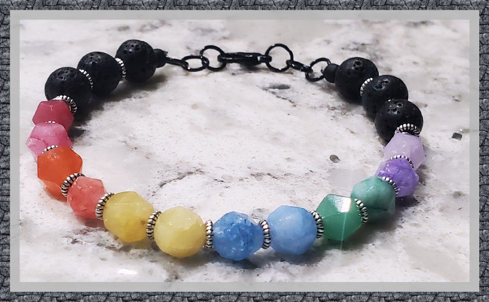 Rainbow Quartz And Lava Stone Beaded Handmade Bracelet 