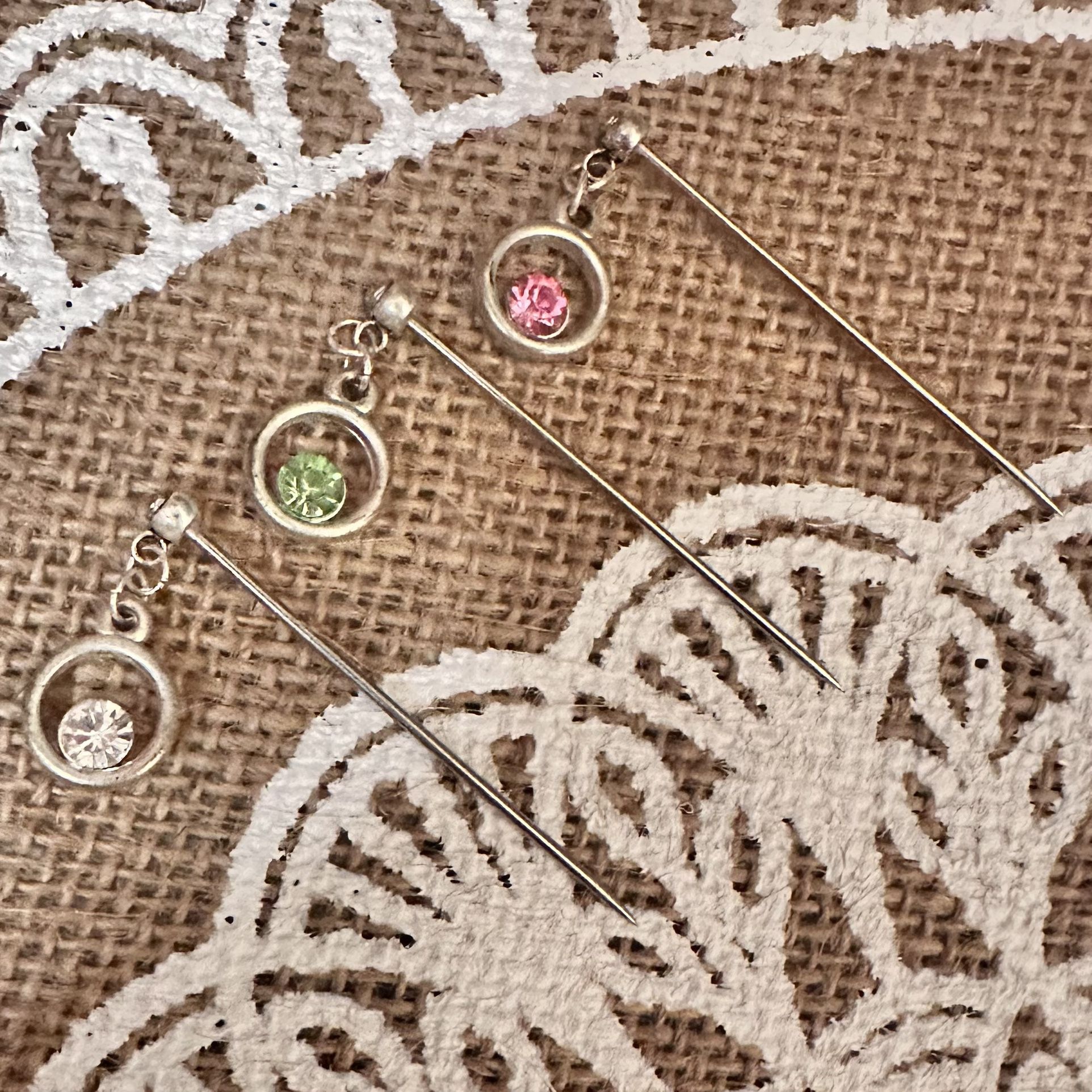 3 Steel Silver Tone Hijab Pins Pink, Green & Clear Crystal Circles