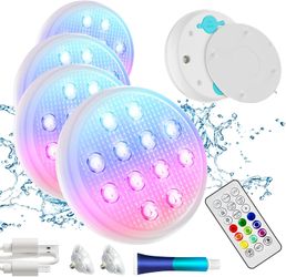 Rechargeable Submersible Pool Lights 4-Pack – IP68 Waterproof LED Floating Lights with Remote, 16 Colors & Magnet