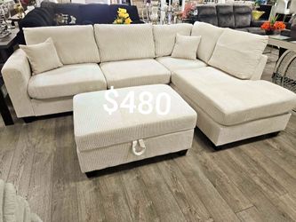 Gorgeous ivory Corduroy Sectional Sofa with Ottoman