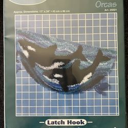 J&P Coats Latch Hook Rug Kit ORCAS 17"x34" Half Moon Bath Mat KILLER WHALES NIB