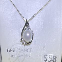 Pearl Diamond Birthstone Pendant in Sterling Silver 10K Yellow Gold Pendant, 18"
