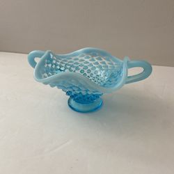 Vintage Fenton Blue Opalescent Hobnail Ruffled Candy/Bon Bon Dish Double Handles