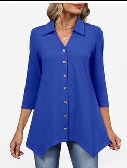 3/4 Sleeve Tunic Tops for Women Lapel V Neck Button Down Shirt NEW small
