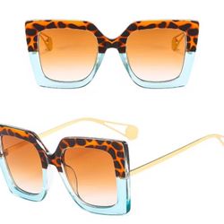 Jibrees Oversized Square Sunglasses Leopard & Aqua Fade (Clear Lenses)