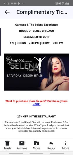house of blues Selena experience 2 tix 12/28