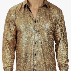 WULFUL Men Dress Shirt Sequins Long Sleeve Button Down Shirt Luxury Disco Party Nightclub Christmas Prom Costume