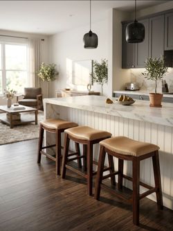 Set of 3 Upholstered Counter Height Bar Stools – Solid Wood – Excellent Condition