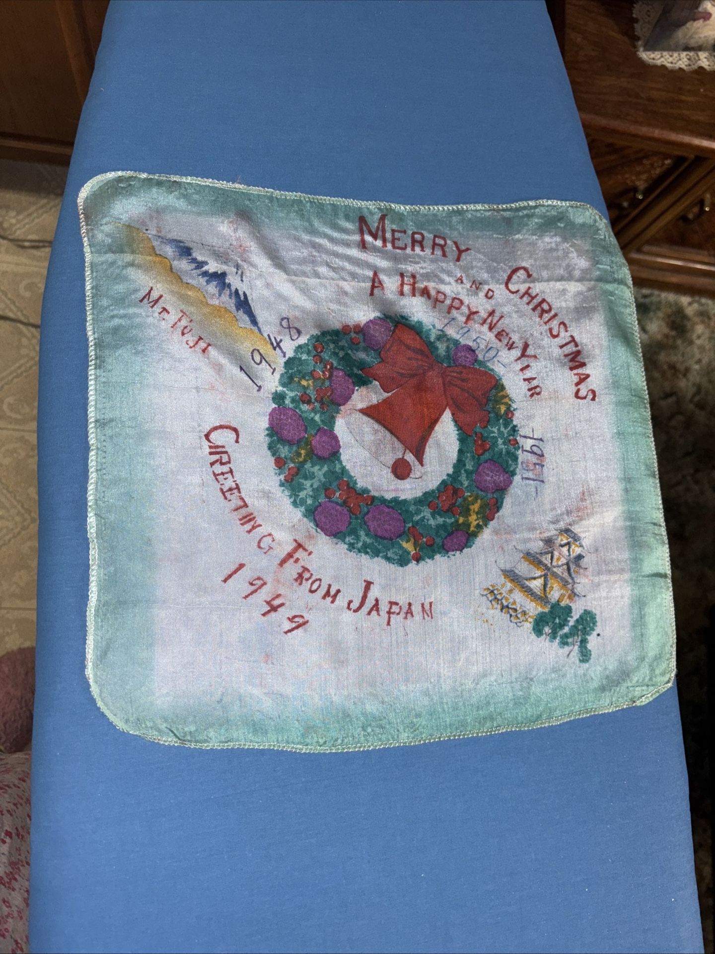 Vintage Japan silk handkerchief doilie scarf 12x12 Handpainted dated 1(contact info removed) Christmas Mt Fuji