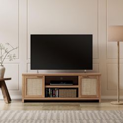 Rattan TV Stand for TVs up to 65 Inchs, Entertainment Center with Storage Cabinets and Adjustable Shelf, Modern TV Console for Living Room Mid Century