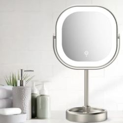 LED Vanity Mirror with Stand 3 Light Settings, 360° Rotation Brushed Nickel