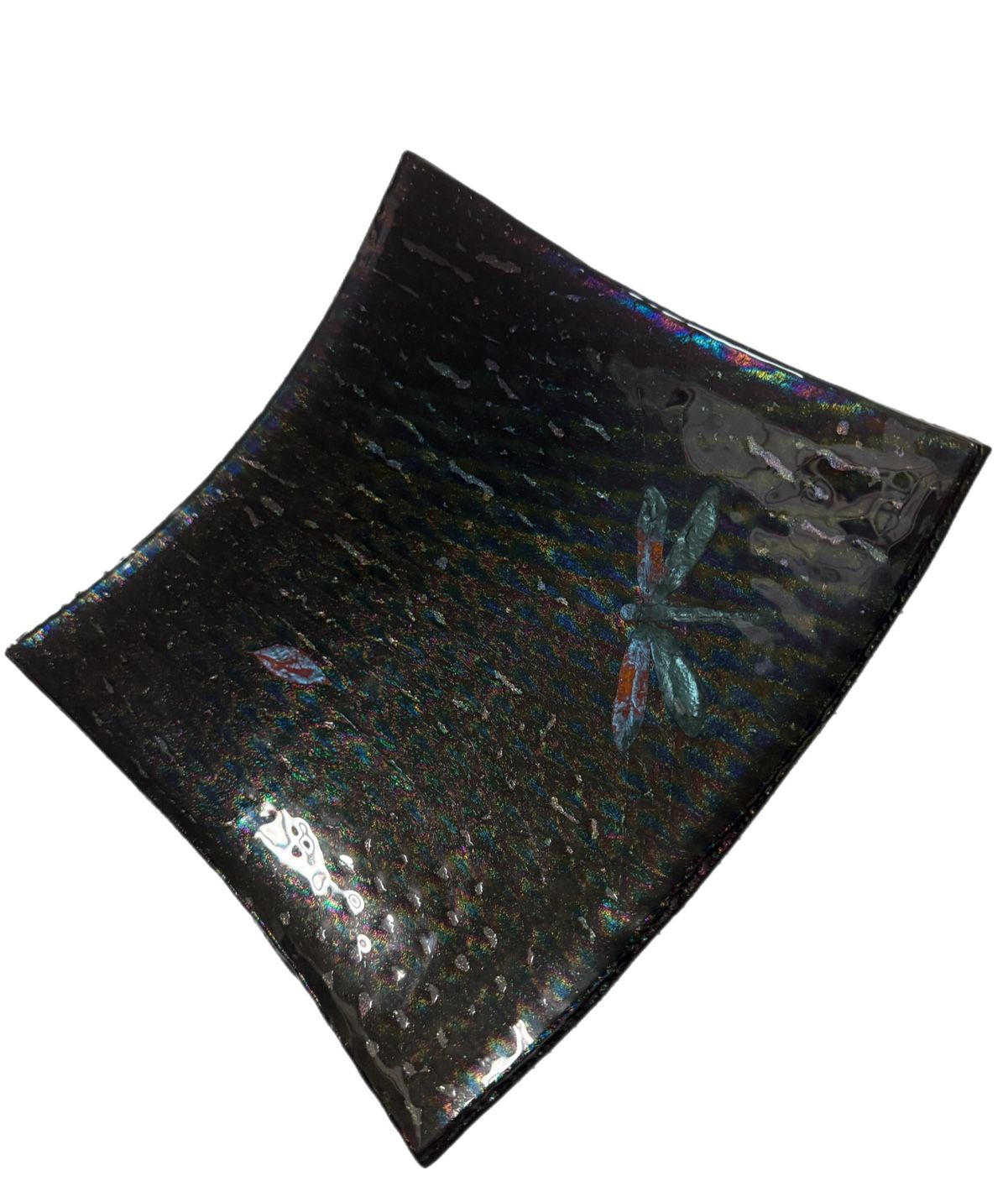 Hand Crafted Iridescent Blue Glass Platter With Dragonfly Square 10in 