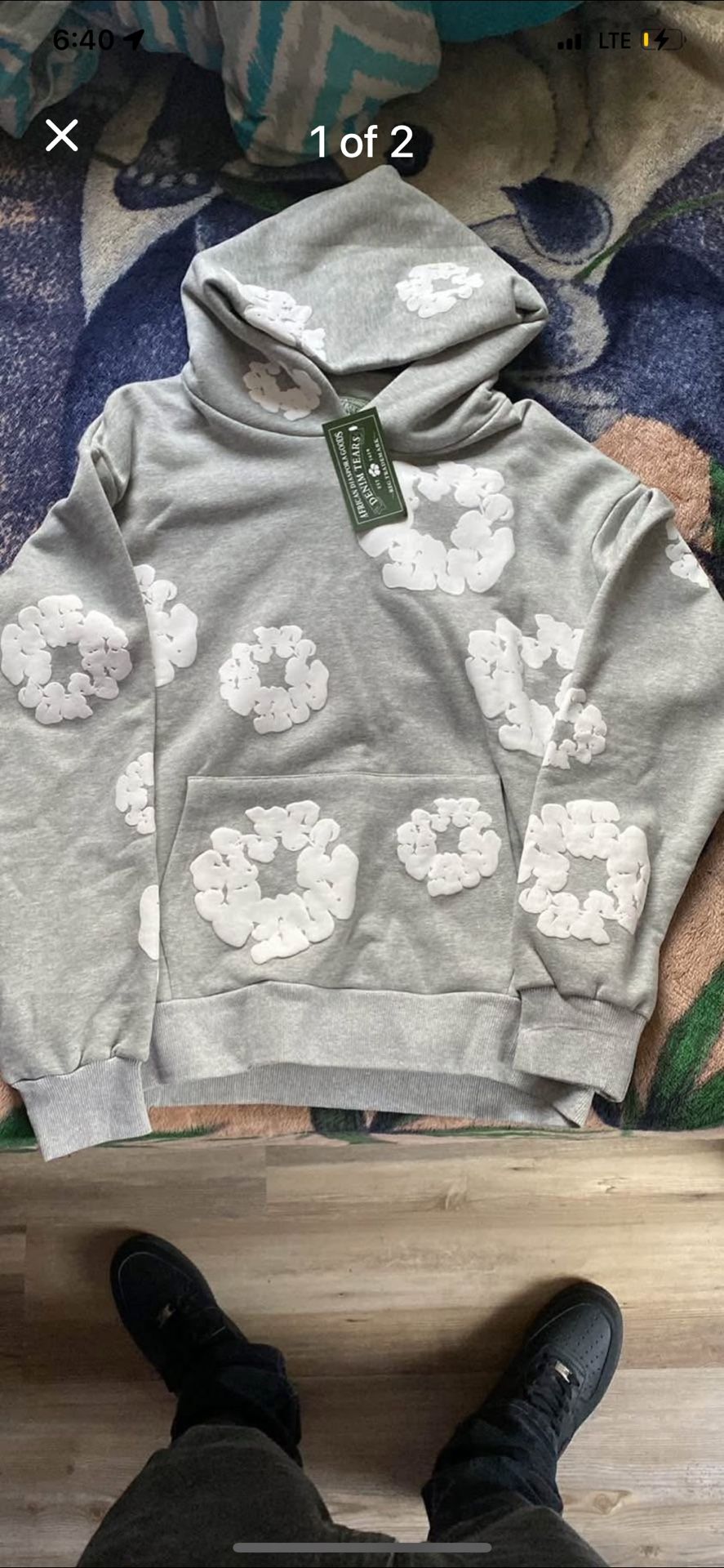 Gray Denim Tear Hoodie