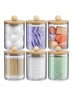  PRIMEC 10 Oz 6 Pack Plastic Cottonball/swab/pad Holder Clear Jar Container With Wood Lids For Bathroom