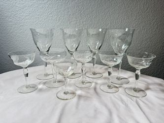 Vintage Etched Crystal Wine & Champagne Glass Set Floral Bohemian 12 Pcs
