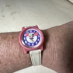Vintage 1990’s Lorus By Seiko Minnie Mouse Cheerleader Timepiece Pink & Purple White Leather Band Brand New! 