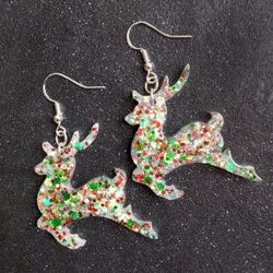 Sparkly Christmas reindeer with green red gold glitter and sterling silver hooks