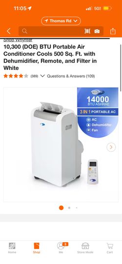 10,300 (DOE) BTU Portable Air Conditioner Cools 500 Sq. Ft. with Dehumidifier, Remote, and Filter in White